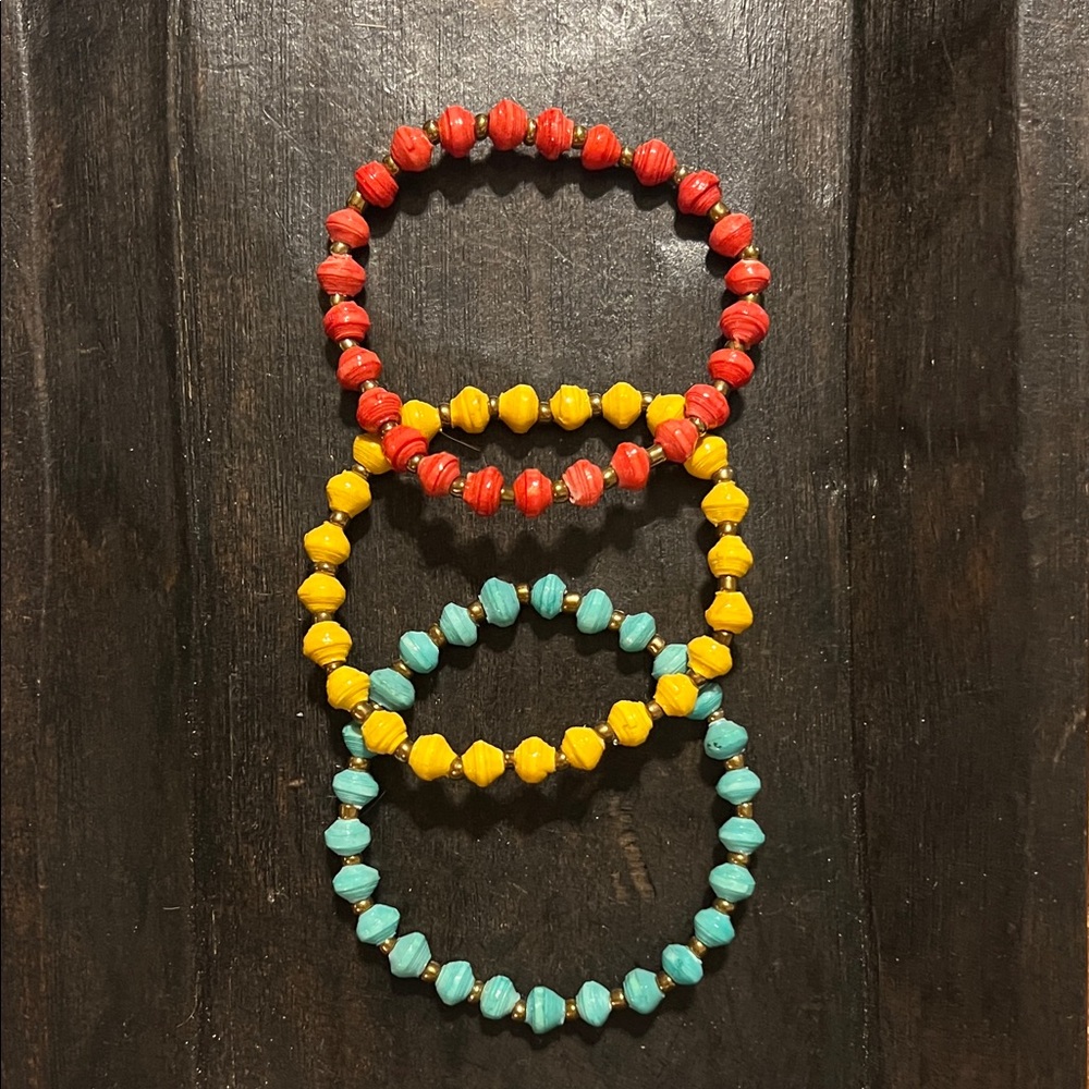 Kids Set of 3 Paper Beaded Stretch Bracelets — Red, Yellow, Turquoise